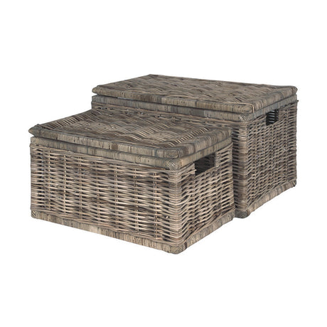 Set of 2 grey Kubu rattan rectangular basket chests with fitted lids, shown stacked in different sizes on a plain white background.