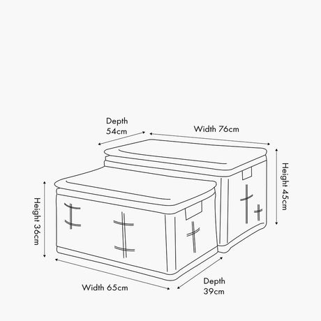 Line drawing of a set of 2 rectangular grey Kubu basket chests with lids, showing dimensions: larger 76cm width, 54cm depth, 45cm height; smaller 65cm width, 39cm depth, 36cm height.