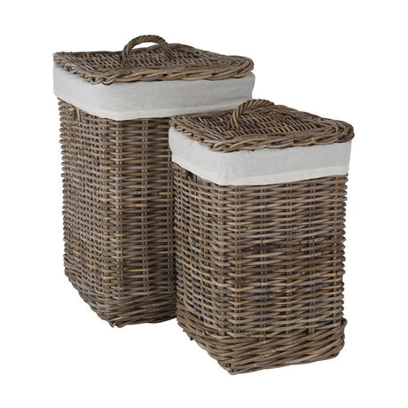 Set of 2 grey Kubu rattan linen baskets, 65cm tall, with woven lift-off lids, top handles and white fabric liners, shown on a plain white background.