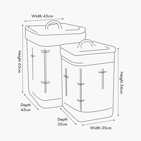 Line drawing of the Set of 2 Grey Kubu Linen Baskets with arched handles, showing dimensions: 65cm and 54cm heights, 45cm and 35cm widths and depths, on a plain background.