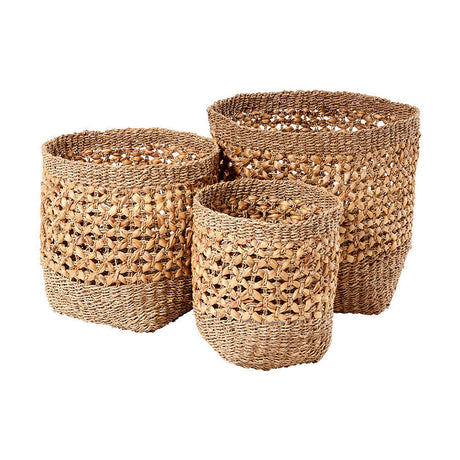 Set of 3 tall round wicker storage baskets in natural seagrass and water hyacinth with open-weave patterned bands, shown on a plain white background.