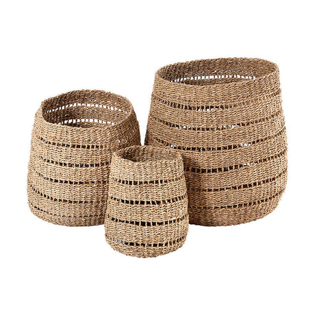 Set of 3 seagrass storage baskets, 45cm, in natural woven finish with striped open-weave detail, tapered round shapes on a plain white background.