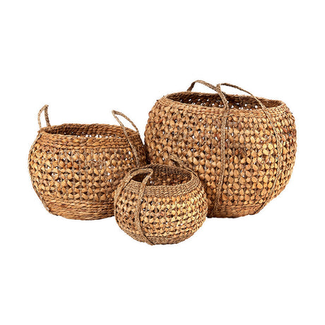 Set of 3 round water hyacinth storage baskets with woven handles, natural finish, shown in graduated sizes on a plain white background.