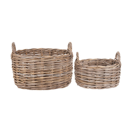 Set of 2 grey Kubu oval baskets with woven rattan sides and looped handles, shown in graduated sizes on a plain white background.