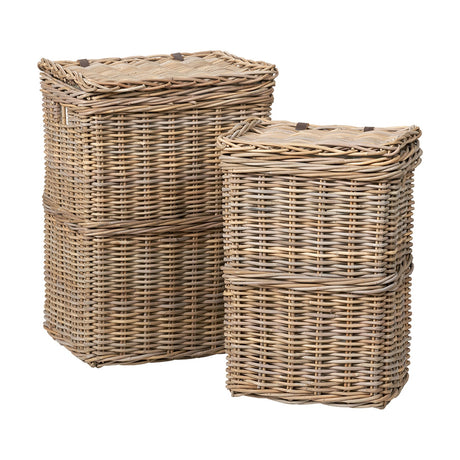 Set of 2 grey Kubu rectangular linen baskets with woven rattan bodies and hinged lids in two heights, shown on a plain white background.