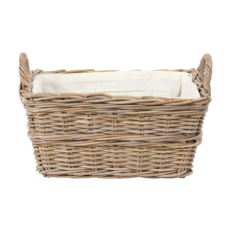 Grey Kubu rectangular handled laundry basket, 30cm, woven rattan with cotton fabric liner and two side handles, shown on a plain white background.