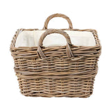 Grey Kubu rectangular laundry basket in woven rattan with two looped carry handles and a white fabric liner, shown on a plain white background.