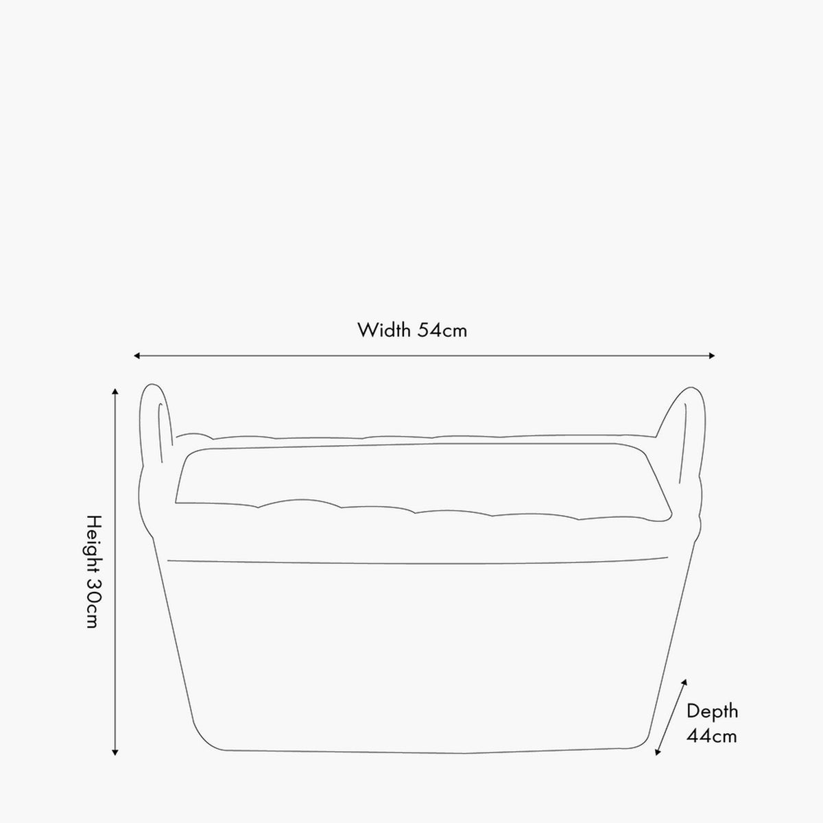 Line drawing of the Grey Kubu Rectangular Handled Laundry Basket with dimensions labelled: 54cm width, 44cm depth, and 30cm height, on a plain background.