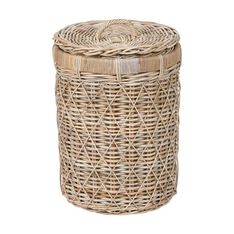 Round brown rattan linen basket, 42cm wide, with a woven diamond-pattern body and matching lid, shown on a plain white background.