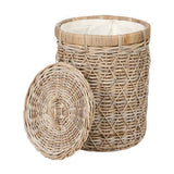 Round brown rattan linen basket, 42cm, with woven diamond-pattern sides, cream fabric lining, and a matching domed lid shown resting against it, on a plain white background.