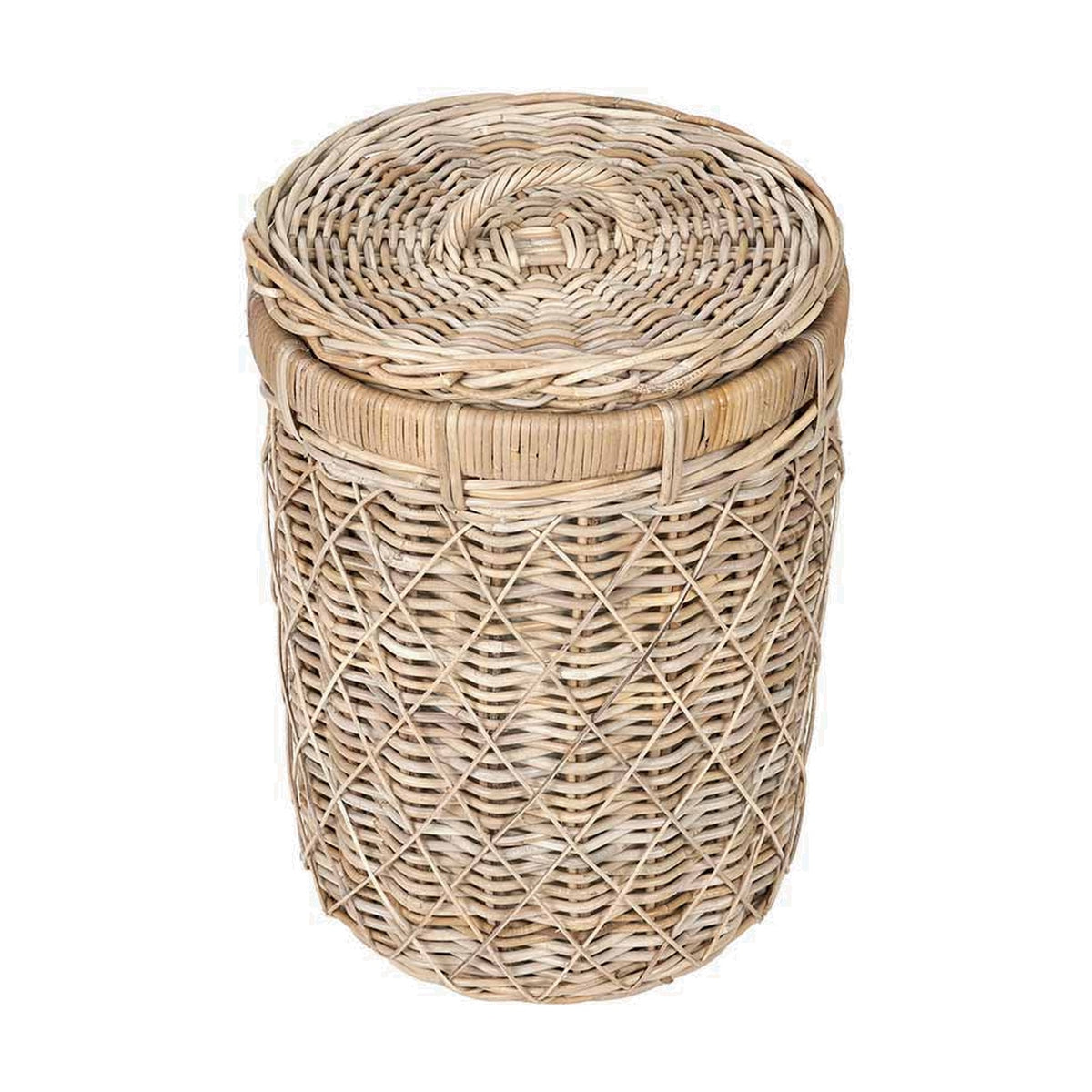 Round brown rattan linen basket, 42cm, with a woven diamond-pattern body and matching lid, shown on a plain white background.