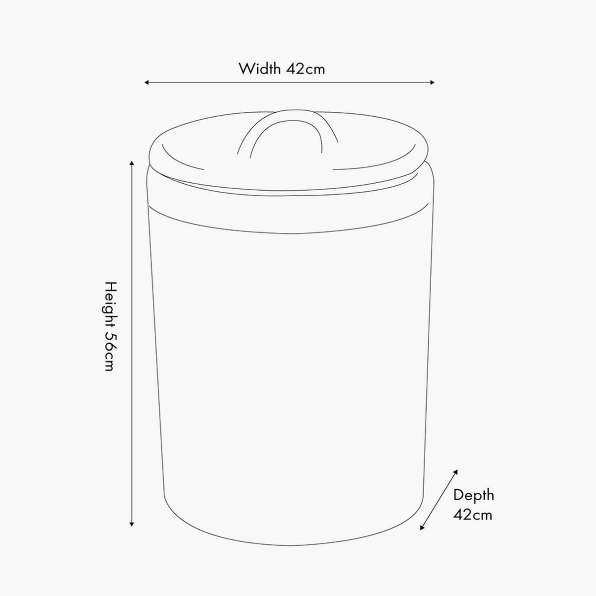 Line drawing of the Brown Rattan Linen Basket with lid and handle, showing dimensions 42cm width, 42cm depth, and 56cm height.