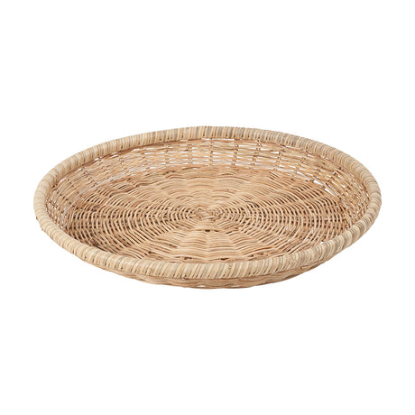Rattan Basket Tray Tobs, a round 43cm woven storage tray with tightly braided base and rolled rim in a natural, unpainted finish, shown on a plain white background.
