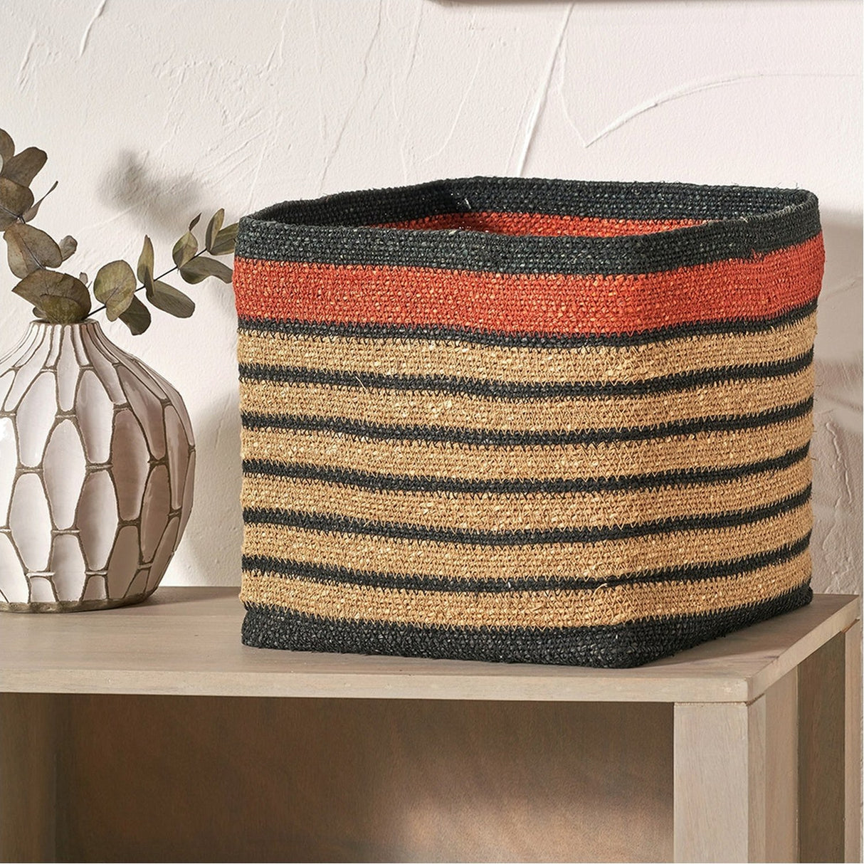 Seagrass Natural, Black & Terracotta Stripe Square Basket - 30cm