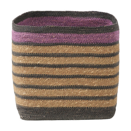 Square seagrass storage basket, 30cm, with lilac and grey striped bands over a natural woven body and black rim, shown on a plain white background.