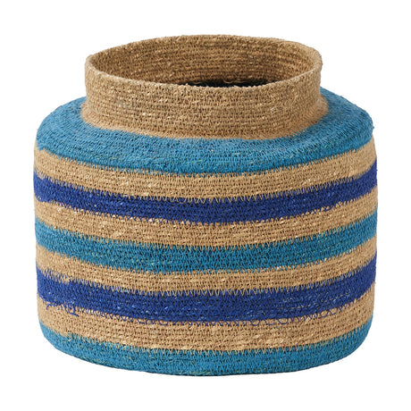 Seagrass storage basket, 26cm, with a natural woven rim and body banded in turquoise and blue stripes, shown against a plain white background.