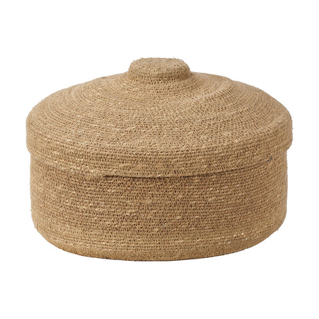 Seagrass Natural Lidded Basket Tobs, 30cm, a round woven storage basket with domed lid and knob handle in natural wicker, shown on a plain white background.