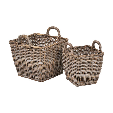 Set of 2 grey Kubu rattan storage baskets, 35cm, with woven loop handles, on a plain white background.