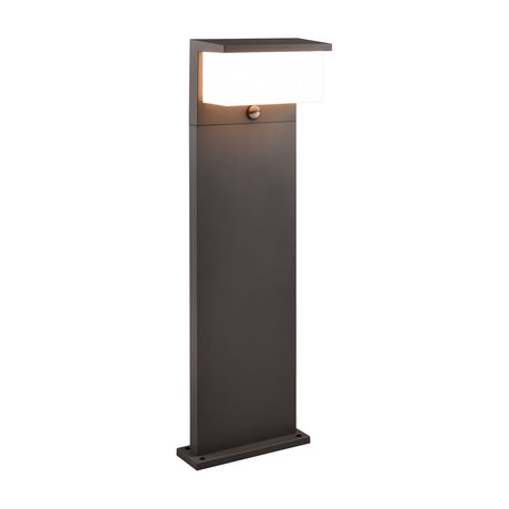 Nestos 80cm LED PIR lamp post in anthracite, a slim rectangular aluminium post with a rectangular lit head, integrated motion sensor, and flat base plate, shown on a plain white background.