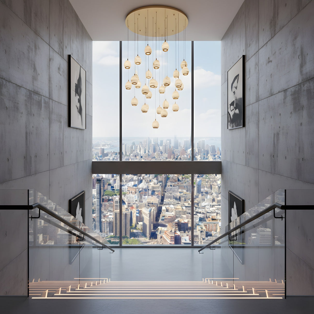 Niori Aurevia 31 Light LED alabaster chandelier in brushed brass, cascading pebble-shaped drops above a concrete stairwell with city skyline views.