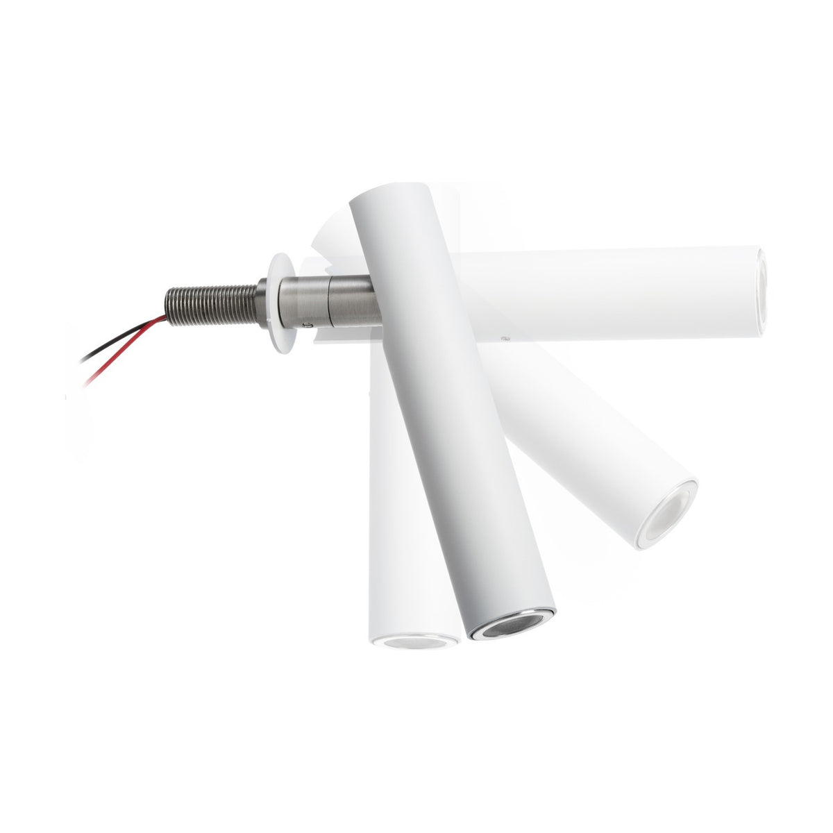 Ivelline LED wall light with reading light in white, showing the slim cylindrical head pivoted on a brushed metal arm with round wall rosette and exposed wiring, on a plain white background.