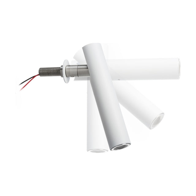 Ivelline LED wall light with reading light in white, showing the slim cylindrical head pivoted on a brushed metal arm with round wall rosette and exposed wiring, on a plain white background.