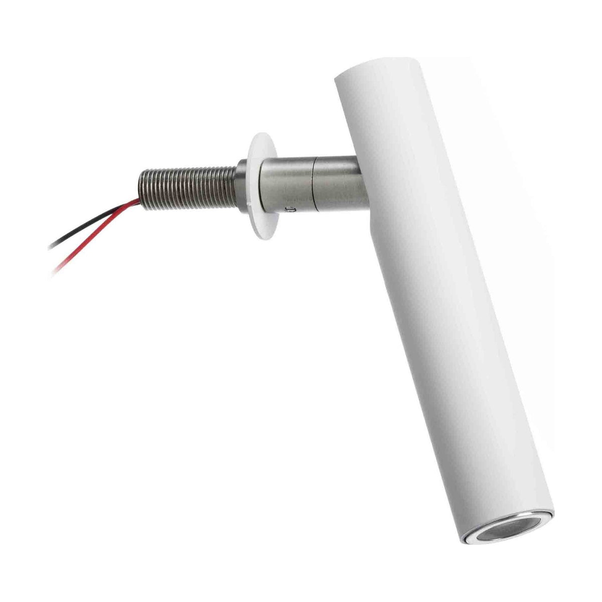 Ivelline LED wall reading light with white cylindrical head on a brushed steel arm and round white wall rosette, exposed red and black wires, on a plain white background.