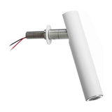 Ivelline LED wall reading light with white cylindrical head on a brushed steel arm and round white wall rosette, exposed red and black wires, on a plain white background.