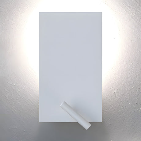 Flat Wall Light with Reading Light in white, a slim rectangular iron plate mounted on a textured white wall with a soft indirect glow and a slender integrated LED reading arm angled at the base.
