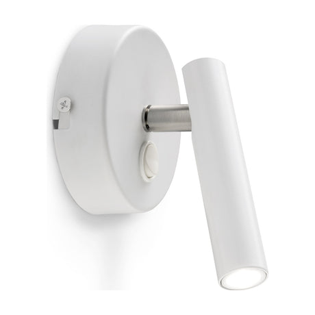 Ivelline LED round wall light in white iron with a round backplate, on/off switch, brushed metal stem, and slim tubular reading light head, shown on a plain white background.