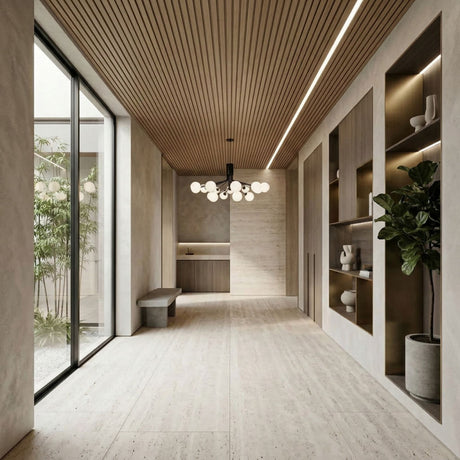 A modern, minimalist hallway with light wood floors, a wood slat ceiling, built-in shelves, a potted plant, and a large glass door to a bamboo courtyard features the Ivy 18 Light Chandelier - Black for striking contemporary flair overhead.