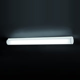 Bath A LED Linear Flush Wall & Ceiling Light in white, a long opal polycarbonate tube on a white iron body with rounded end caps, shown lit against a dark background.