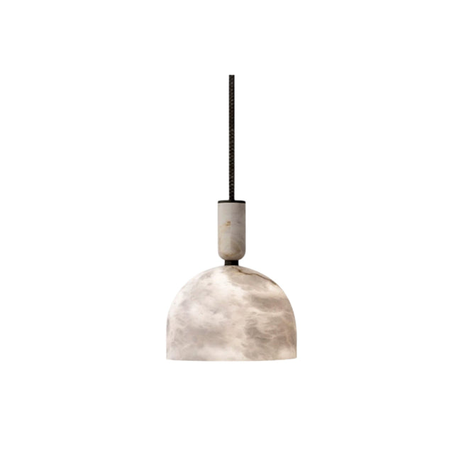 The Zavero 1 Light Small Bell Marble & Alabaster Single Pendant Light in Soft White features a dome shade with a cylindrical top on a black cord, offering elegant simplicity—perfect as an accent for modern interiors.