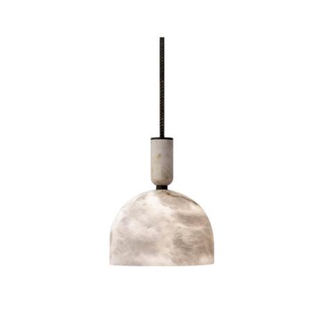 The Zavero 1 Light Medium Bell Marble & Alabaster Single Pendant Light in Soft White features a marble-like dome-shaped shade and cylindrical fixture, both suspended by a black cord against a plain white background.