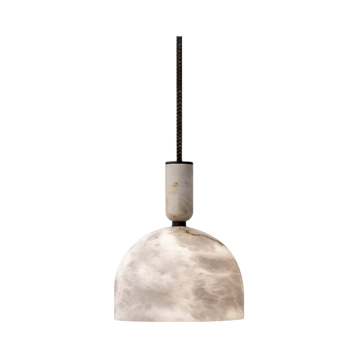 The Zavero 1 Light Large Bell Marble & Alabaster Single Pendant Light features a soft white dome-shaped marbled shade and a cylindrical fixture, suspended by a black cord against a plain white background.