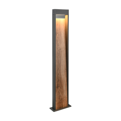 Salmon LED bar outdoor lamp post with wood-effect front panel and dark aluminium frame, glowing warm white light down its open channel, on a plain white background.