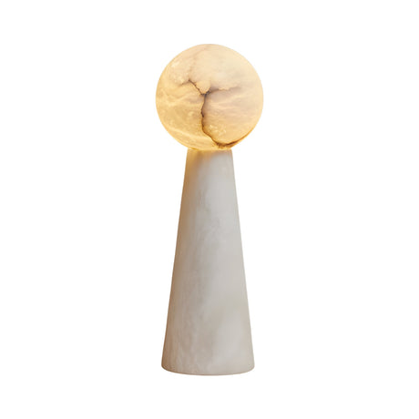 The Talorin 1 Light Sphere Column Alabaster Table Lamp features a glowing sphere atop a conical white marble base, crafted from natural Spanish alabaster for an elegant, moon-like look against a plain white background.