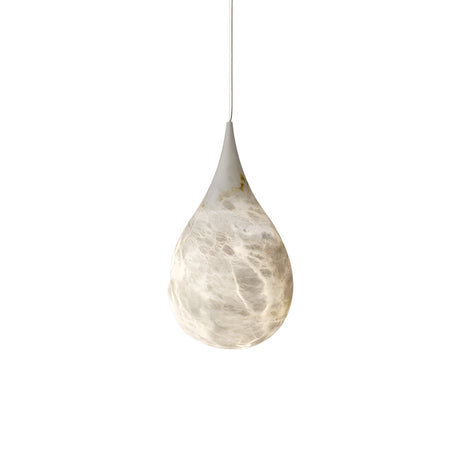 The Virello 1 Light Small Raindrop Alabaster Single Pendant Light in Soft White features a large teardrop shape with a smooth white top and marbled translucent bottom, hanging from a thin cord against a white background.