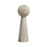 The Talorin 1 Light Sphere Column Alabaster Table Lamp features a smooth, marble-like sphere atop a tall cone base, crafted from natural Spanish alabaster in soft white with subtle beige and brown veining.