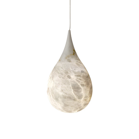 The Virello 1 Light Medium Raindrop Alabaster Single Pendant Light in soft white features a smooth marbled teardrop shape, softly glowing from within and suspended by a thin cord against a plain white background.
