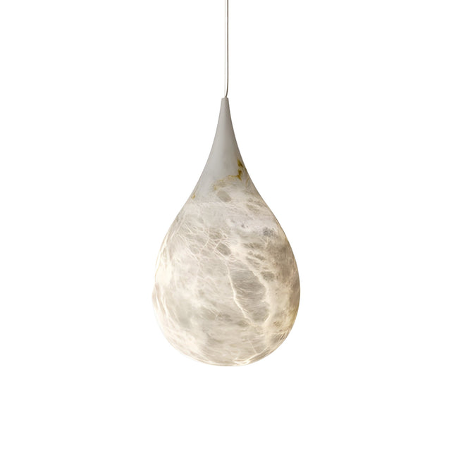 The Virello 1 Light Medium Raindrop Alabaster Single Pendant Light in soft white features a smooth marbled teardrop shape, softly glowing from within and suspended by a thin cord against a plain white background.