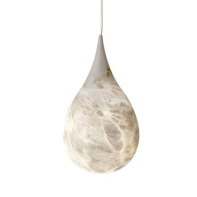 The Virello 1 Light Large Raindrop Alabaster Single Pendant Light in Soft White features a marbled alabaster teardrop design with a softly glowing, cloudy semi-translucent surface.