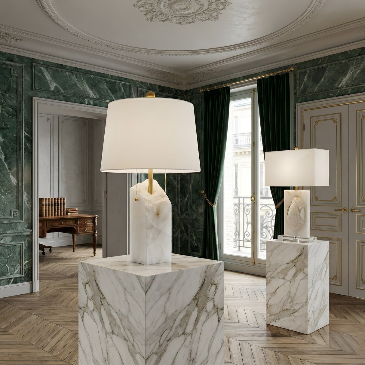 A luxurious room with green marble walls, tall windows with dark green curtains, and the Seravyn 1 Light Inset Detail Alabaster Table Lamp in Brass & Soft White on a marble pedestal. A classic wooden desk is visible in an adjacent room.