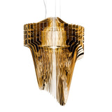 The Aeris 7 Light Extra Large Chandelier in gold features layered metallic panels in a sculptural, symmetrical design. Suspended by white cords, this modern chandelier creates a striking centerpiece for any space.
