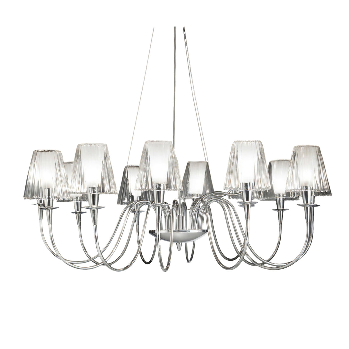 Opera 10 Light Chandelier with curved chrome arms and ten pleated glass-effect diffuser shades, shown on a plain white background.