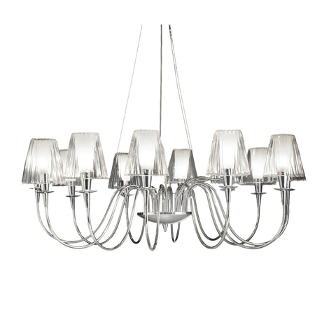 Opera 10 Light Chandelier with curved chrome arms and ten pleated glass-effect diffuser shades, shown on a plain white background.