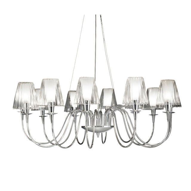Opera 10 Light Chandelier with curved chrome arms and ten pleated glass-effect diffuser shades, shown on a plain white background.