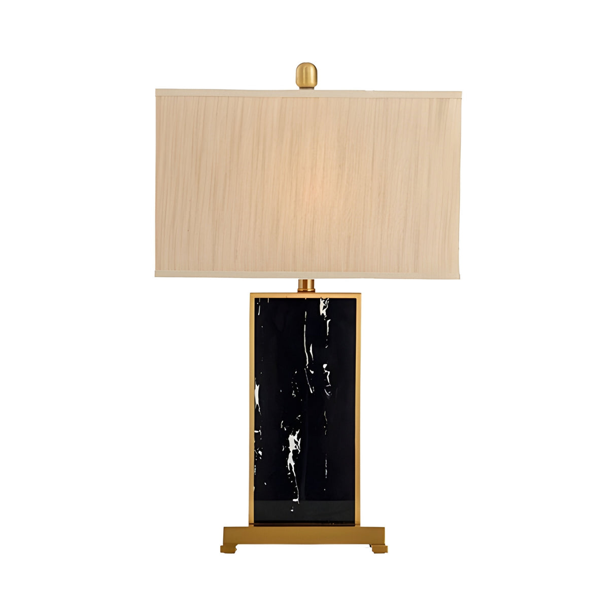 The Valmor 1 Light Block Marble Table Lamp features a modern black marble rectangular base, brass accents, and a large rectangular beige fabric shade, shown against a white background.