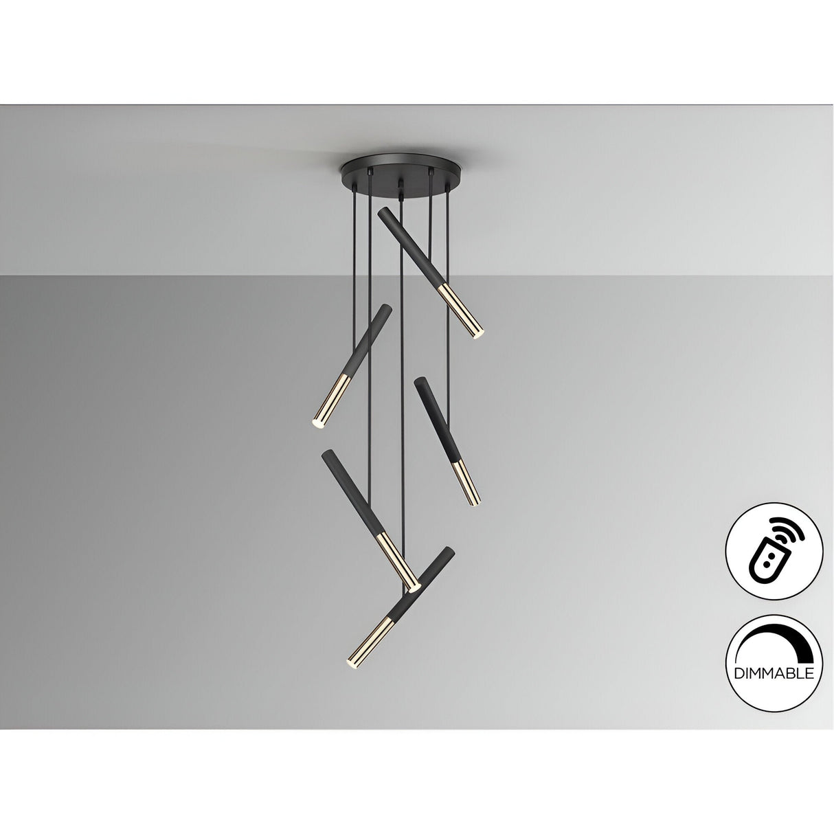 Edna 5 Light Dimmable LED Large Cluster Pendant - Black/ Gold (With Remote Control)