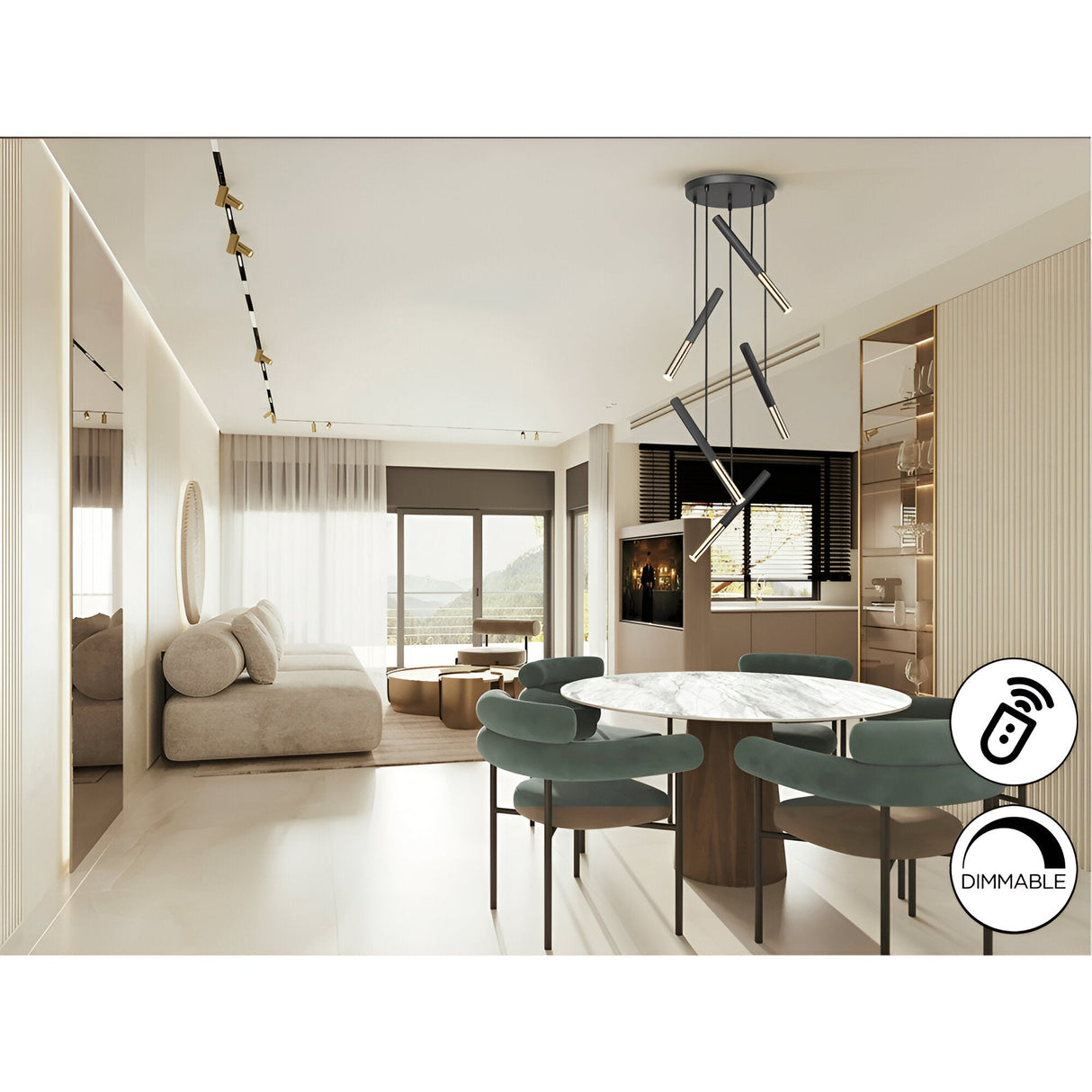Edna 5 Light Dimmable LED Large Cluster Pendant - Black/ Gold (With Remote Control)